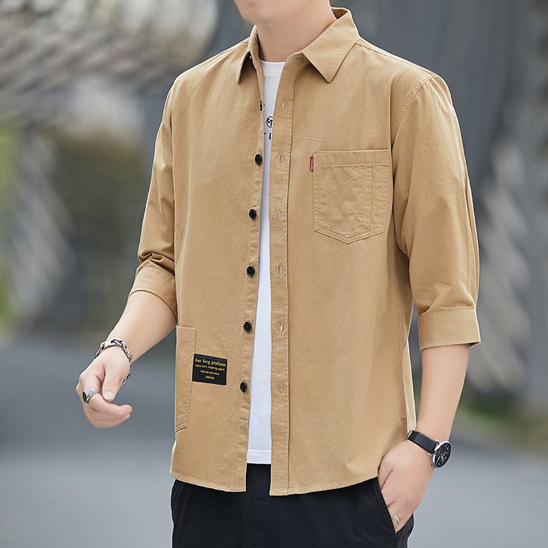 Summer Thin Work Shirt With Three-Quarter Sleeves, Handsome Men'S Casual Three-Quarter Sleeve Shirt, Trendy Men'S Long-Sleeved Top - Image 4